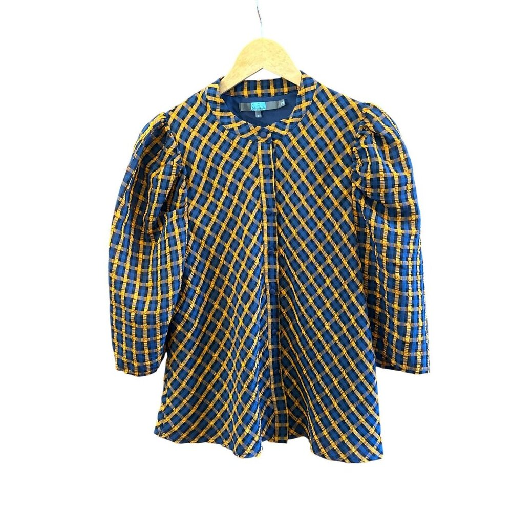 Anthropologie Eva Franco Orange Blue Plaid Button-Up Blouse Size 6 Puff Sleeve